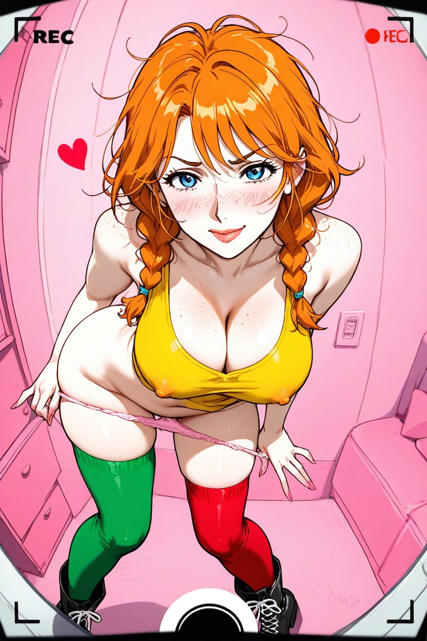 Right Leg Has A Red Thigh High Sock, Simple Pink Background, One Heart By Her Face Hentai AI Porn