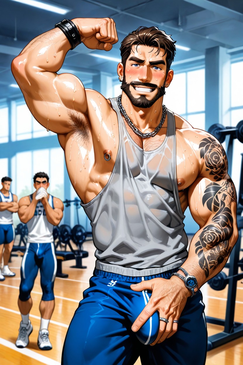 Highly Detailed Close Up Sat Tanned Tanned Skin Full Of Tatoos Arms Full Of Tattoos, Dark Beard, Gym AI Gay Porn
