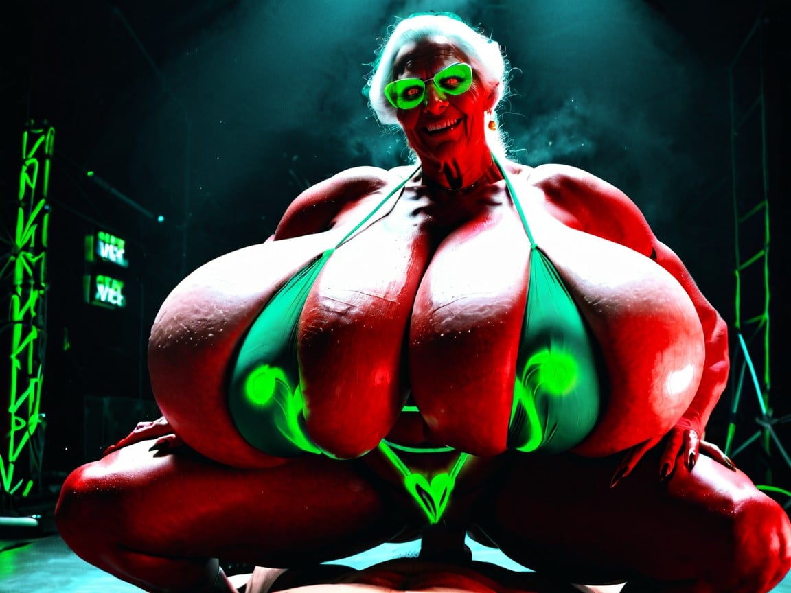 Ridiculously Huge Breasts, Hyper Oiled Skin, Green Fluorescent Lighting AI Porn