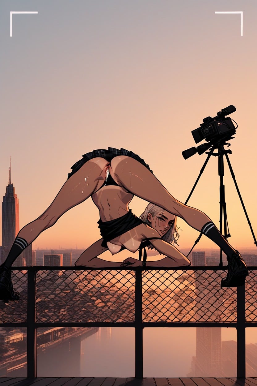 Lift Skirt, Small Breasts, A View Of The Sprawling Cityscape Hentai AI Porn