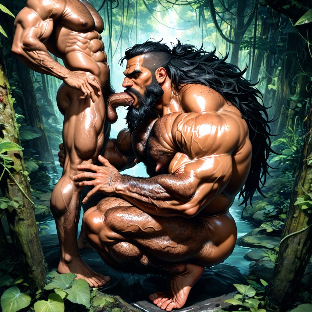 Squatting, Top Down, Extreme Hairy Legs Muscle Structure AI Gay Porn