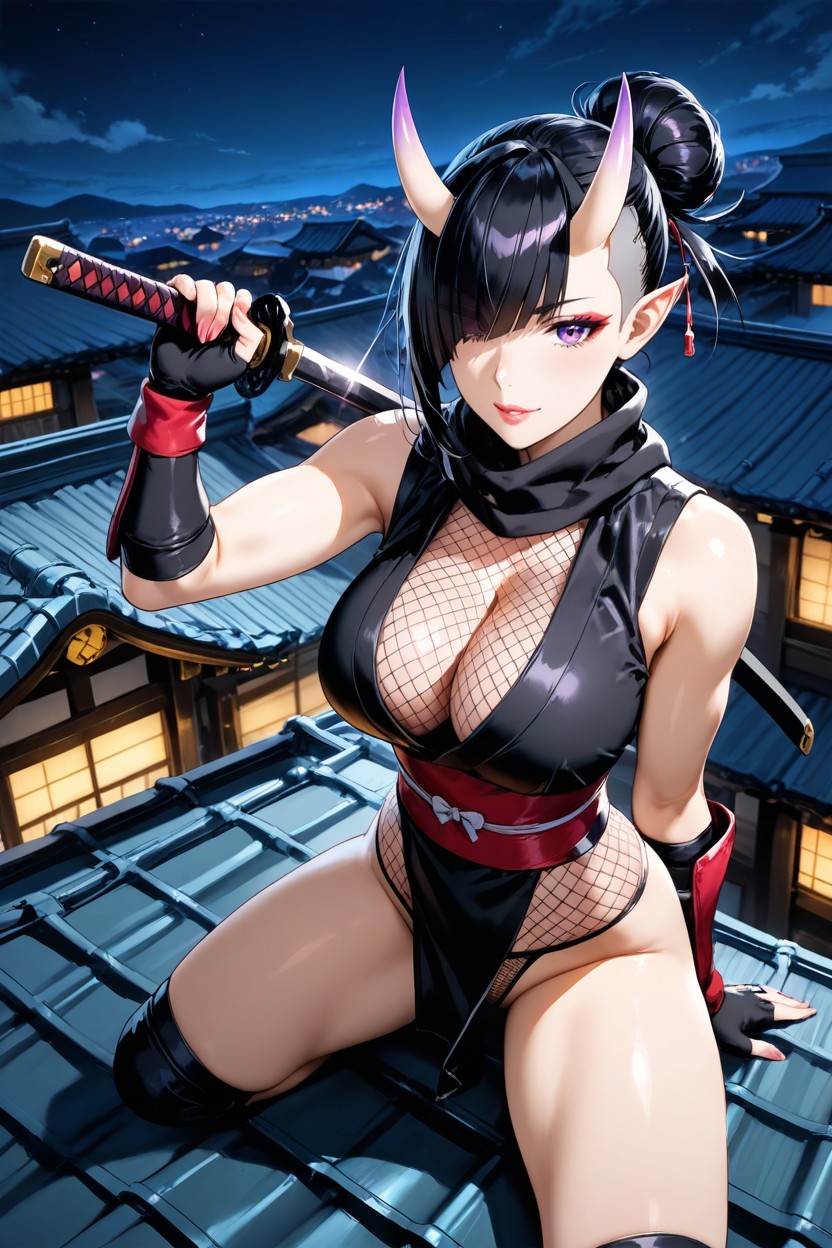 Purple Eyes, Oni Horns, 18+ Hentai AI Porn