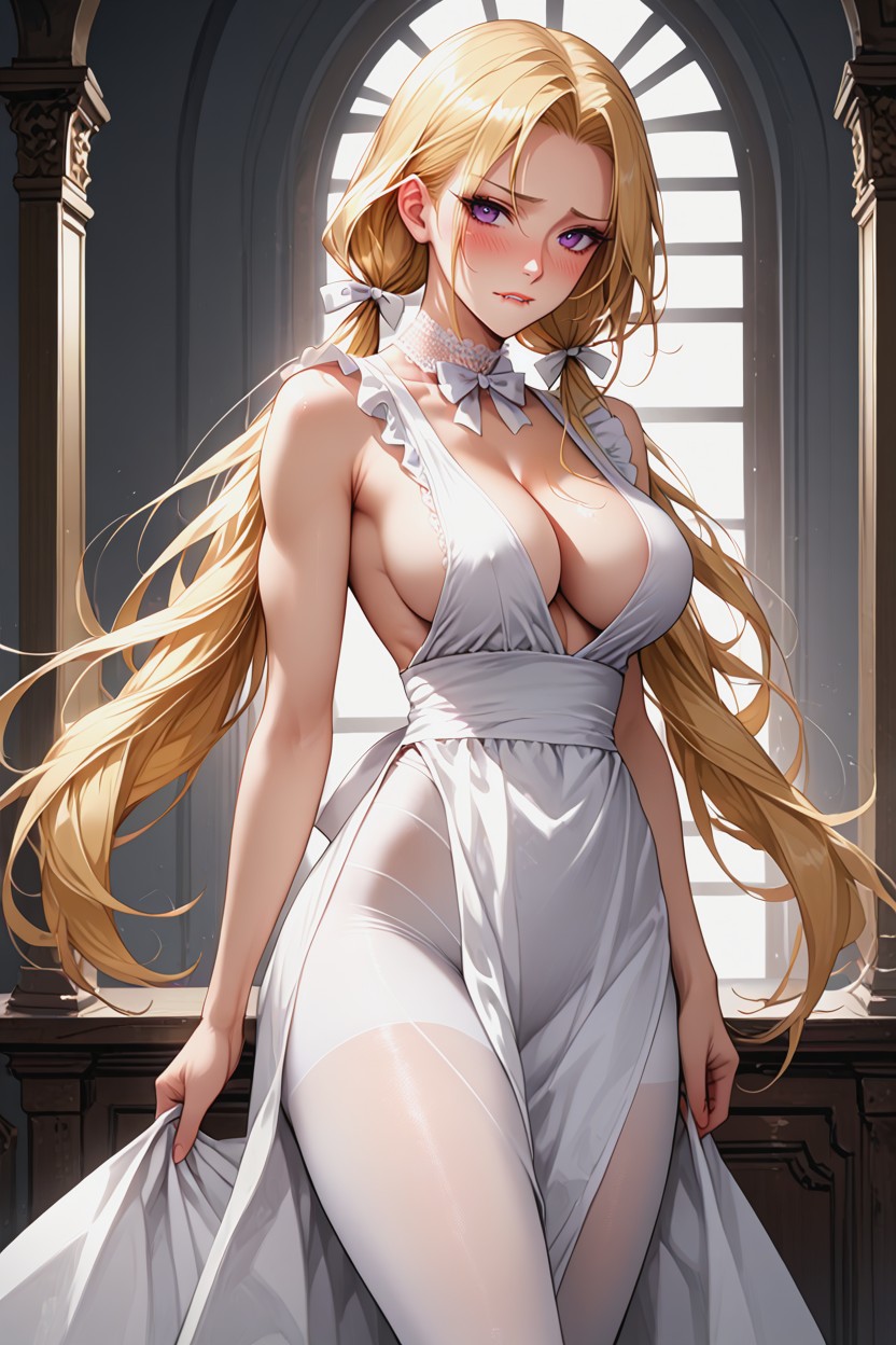 Voluptuous, Hair Tied With White Lace Ribbons, Black Mary Janes Heels Hentai AI Porn