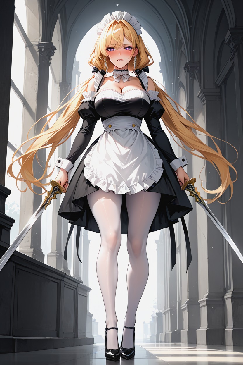 Golden Blonde Long Hair, Bow, Black Mary Janes Heels Hentai AI Porn