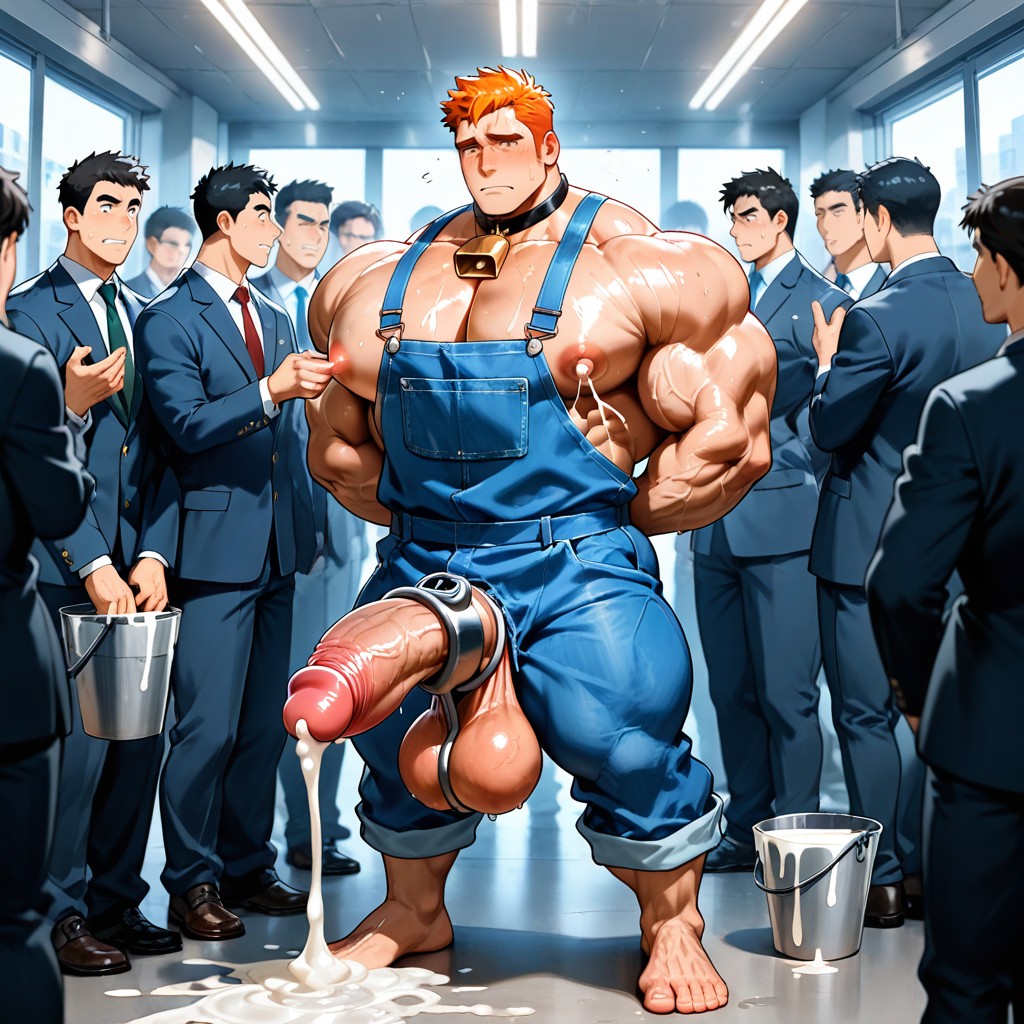 Giant Hyper Chastity Cage, Grabbing Cowman Pecs, Blushed AI Gay Porn