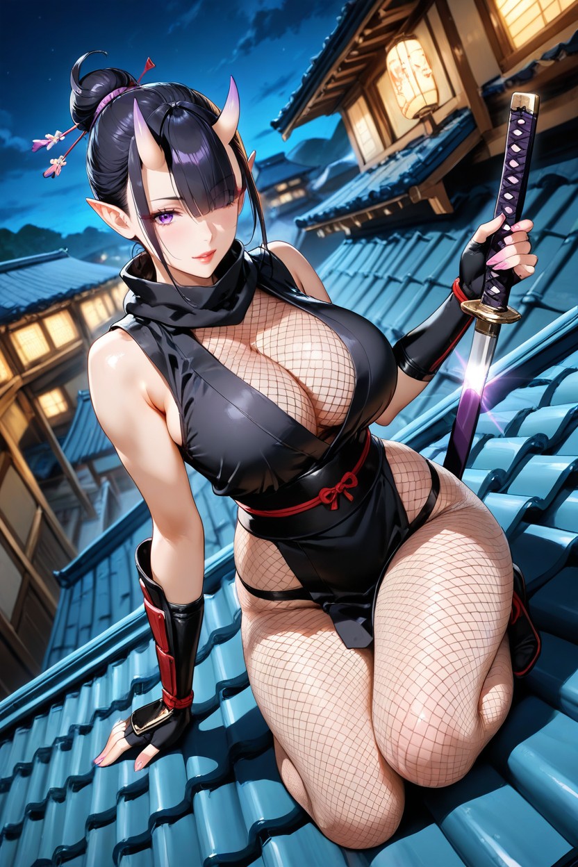 Kneeling, Oni Horns, Rounded Breast Hentai AI Porn
