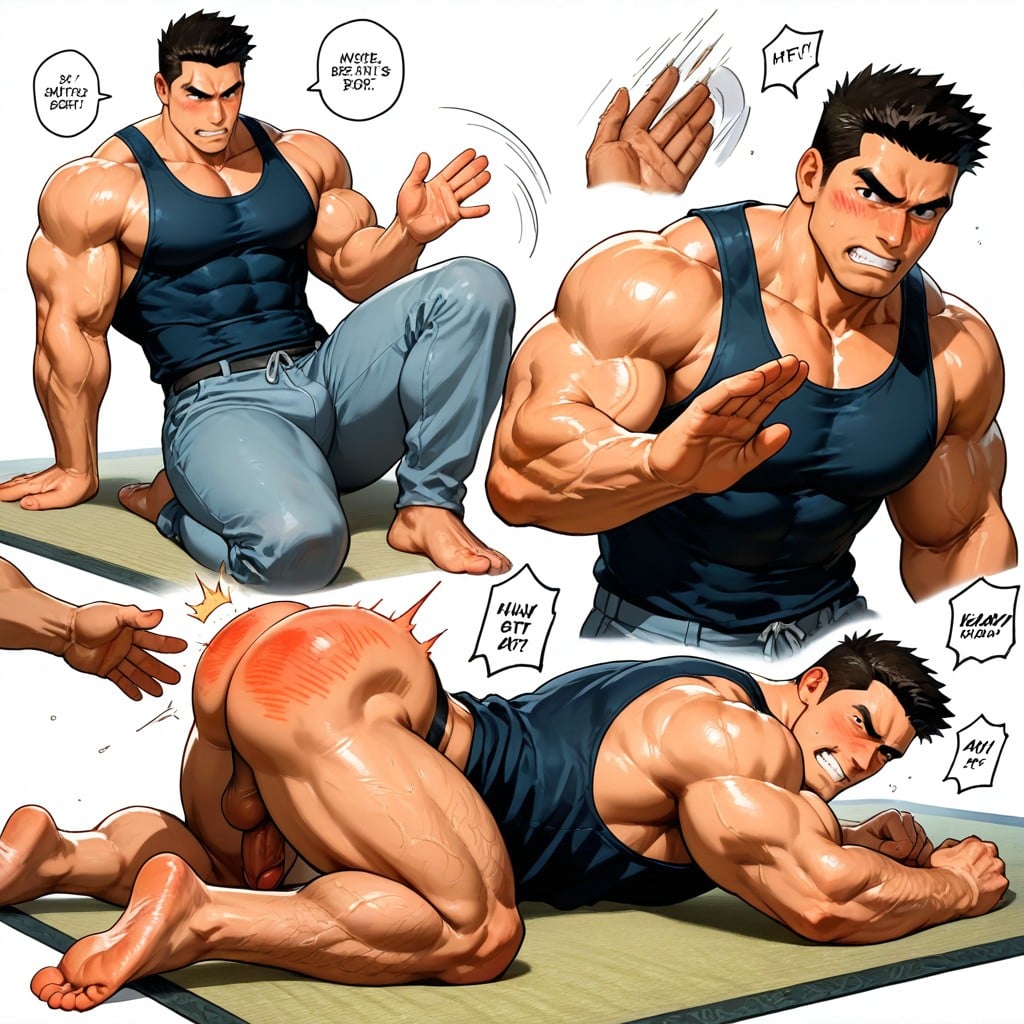 A Seiza Position Man Spanking Another Man's Butt While Glaring At It, Muscular, Spanked AI Gay Porn