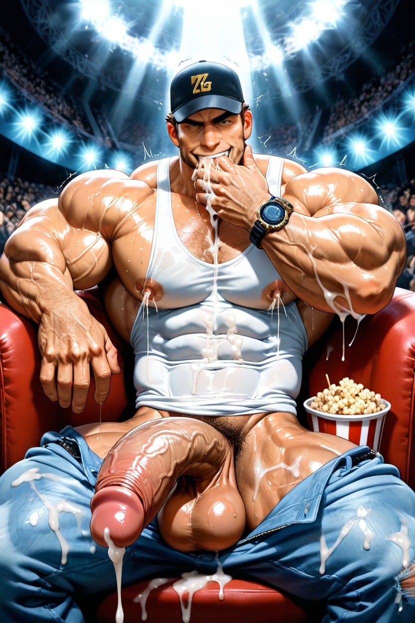 Oiled Body, Ejaculating Semen In Air, Sitting In Red Armchair Completely Erected Penis AI Gay Porn