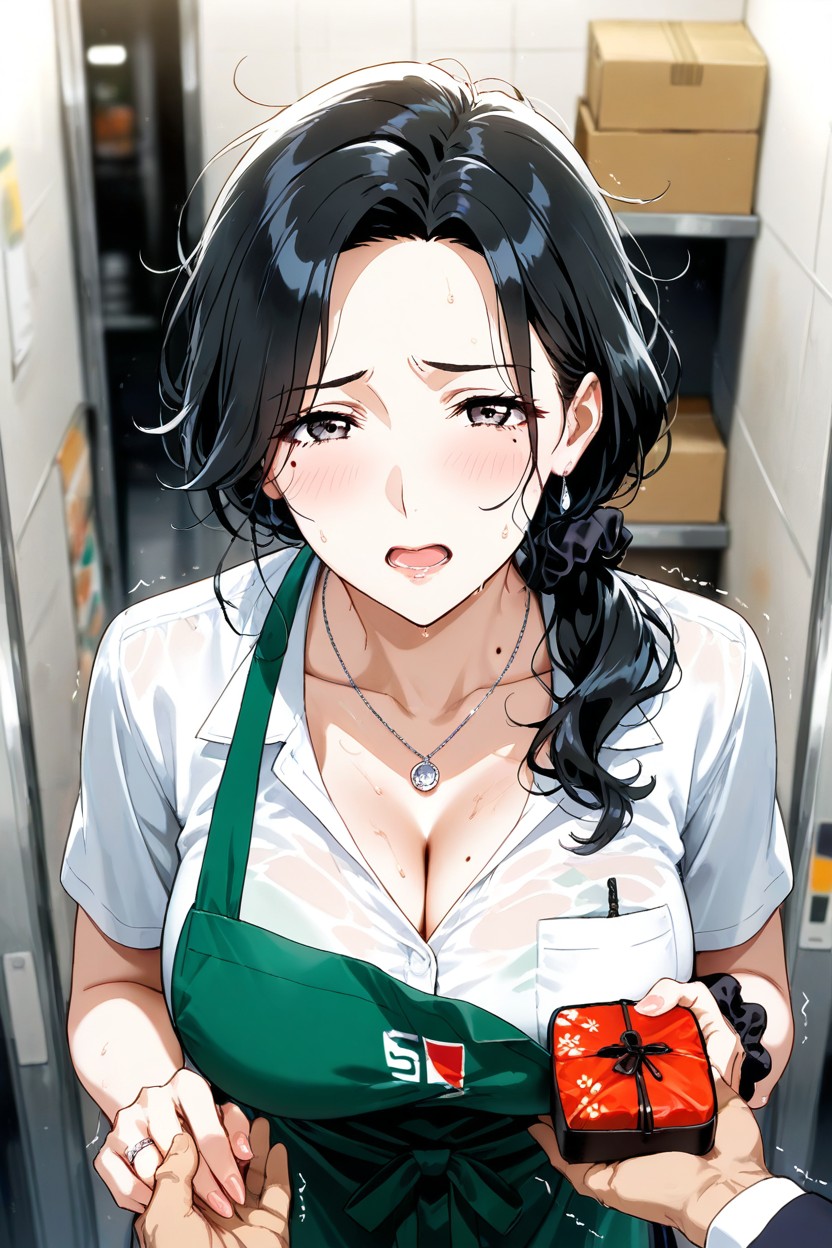 Mature Female, Pale Face, Cheep Silver Necklace With Ring Hentai AI Porn