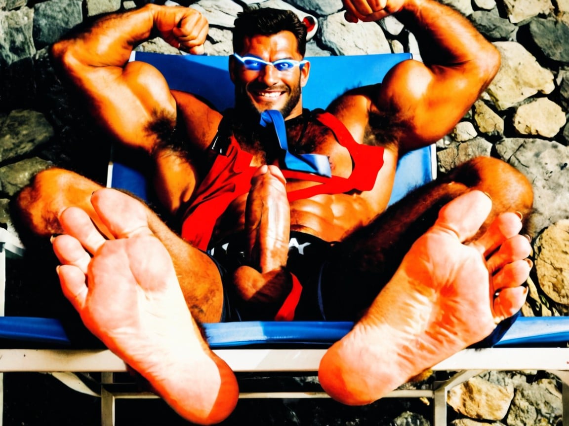 He Is Sitting On A Low Bench In A Dungeon, He Has A Smirk On His Face, Massive AI Gay Porn