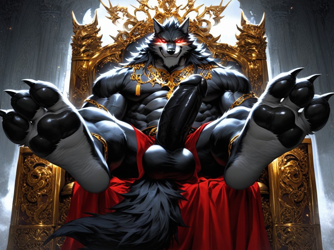 Sadistic Werewolf Is Showing Off His Soles, He Is Sitting On A Throne, He Is Bold AI Gay Porn