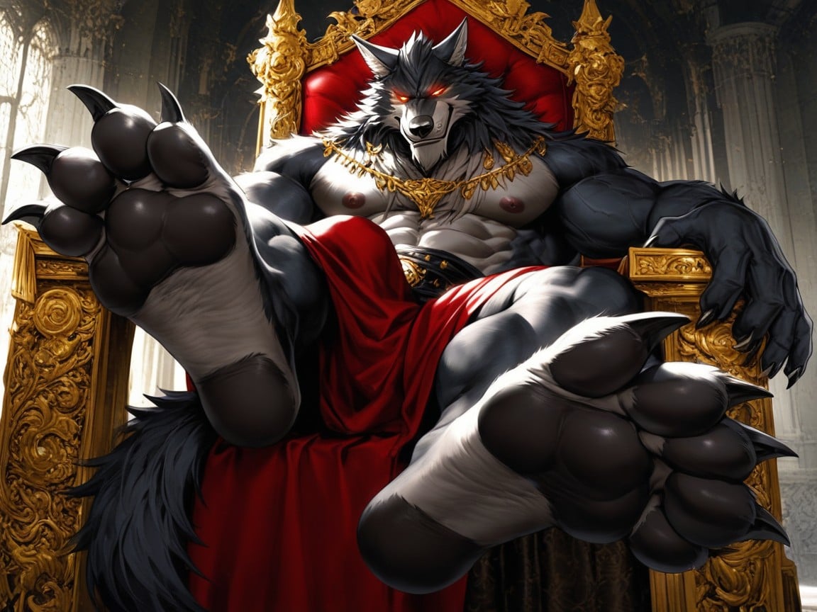 Manly Anthropomorphic Werewolf, The Feet Paw Soles Are The Focus Of The Image, Massive AI Gay Porn