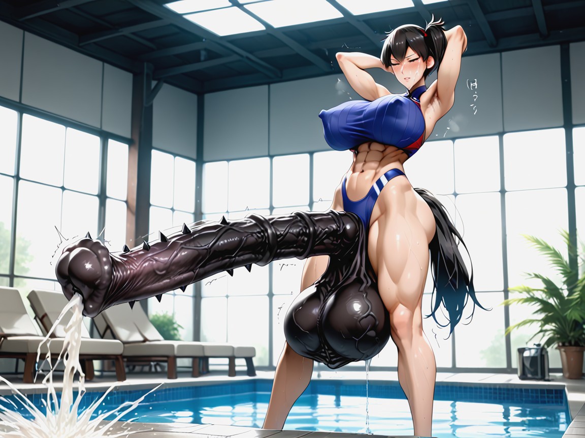 Black Horsecock Glans, Standing On Tiptoes With Legs Spread, Perfect Anatomy Hentai AI Porn
