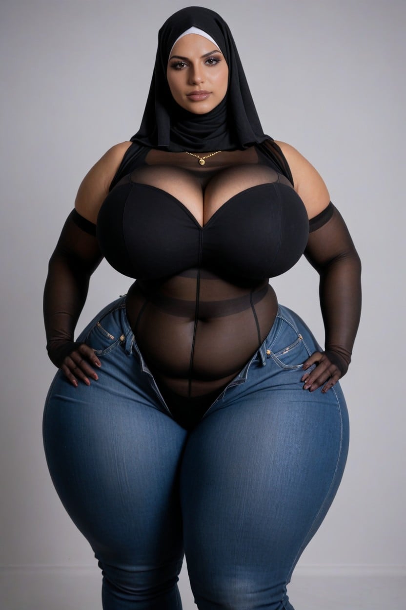 Shiny Nylon Sheer Long Sleeved Tight Turtelneck Black Bodystocking, Focus On Jeans, Visible Inner Thigh AI Porn