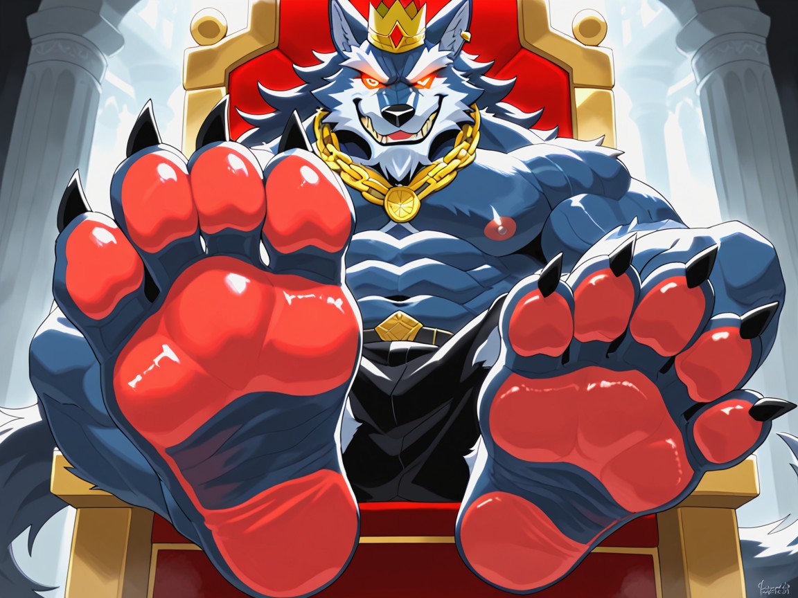 Smug Expression, He Is Sitting On A Throne, Furry Foot Paws AI Gay Porn