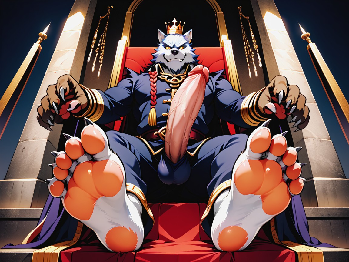 Rugged, He Is Sitting On A Throne, The Paw Soles Fill The Image AI Gay Porn