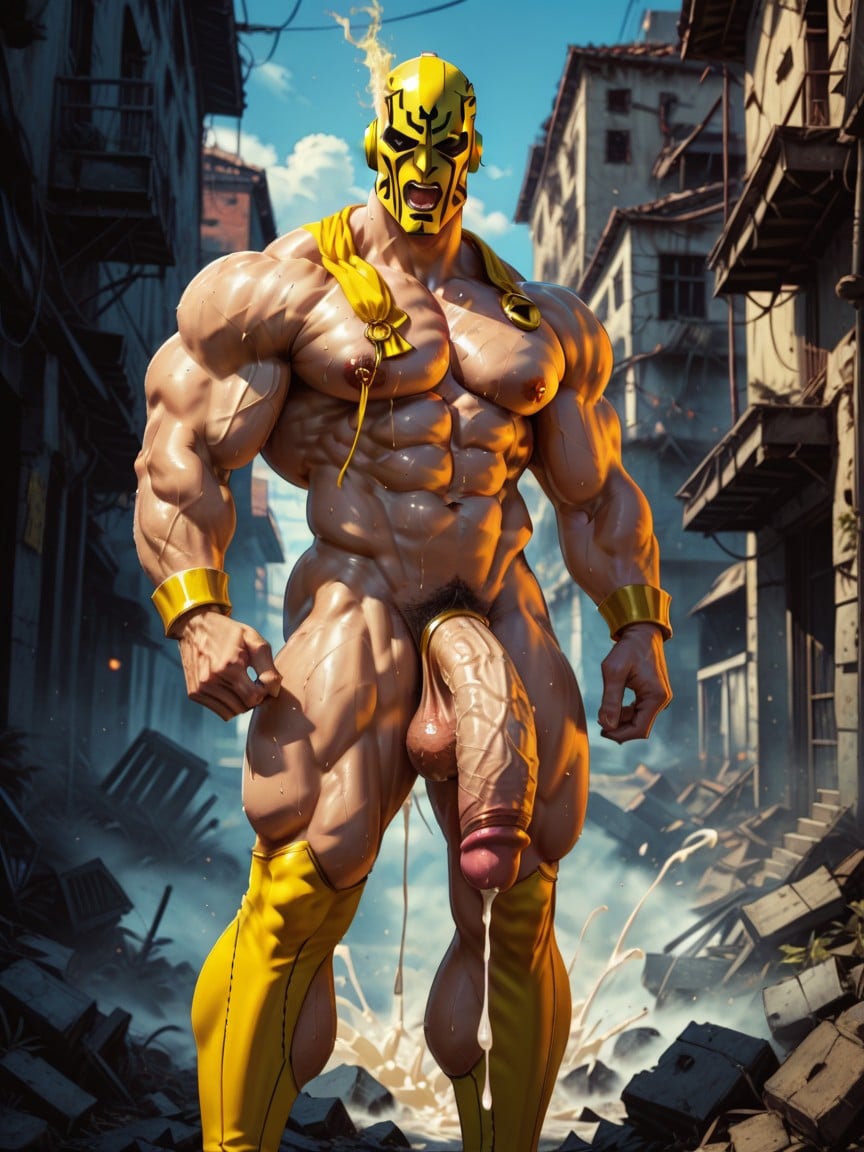 Tired Face , Dynamic Bodybuilding Pose, Oversized Muscles AI Gay Porn