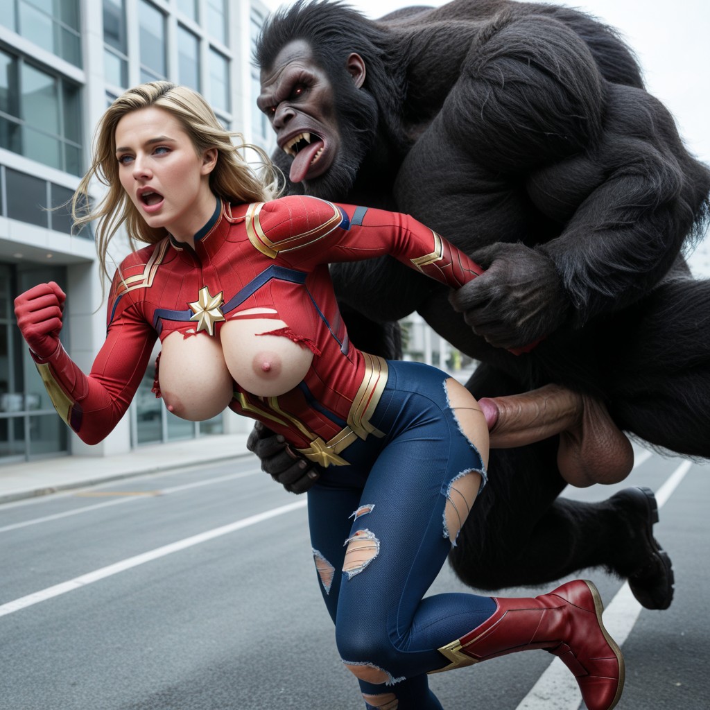 Perfect Pink Nipples, Exposed Breasts, Captain Marvel Running Away From Beast AI Porn