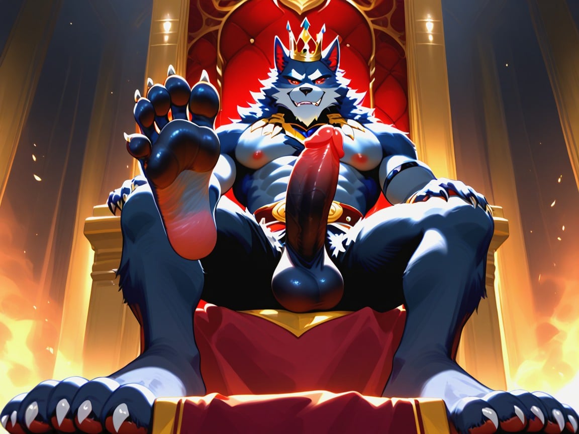 He Is Sitting On A Throne, The Paw Soles Fill The Image, Dominant AI Gay Porn