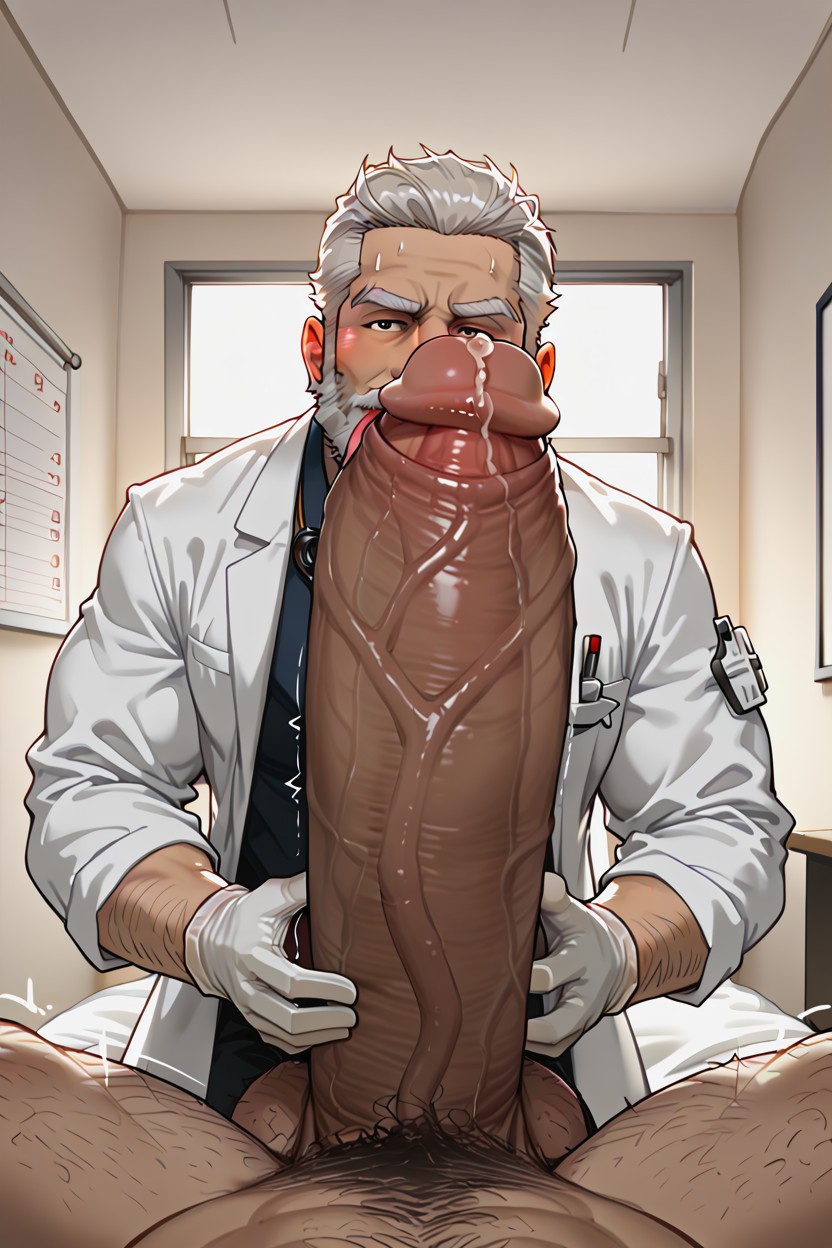 Holding Huge Hyper Cock, Handsome Bearded Face, Blowjob Porno IA Gay
