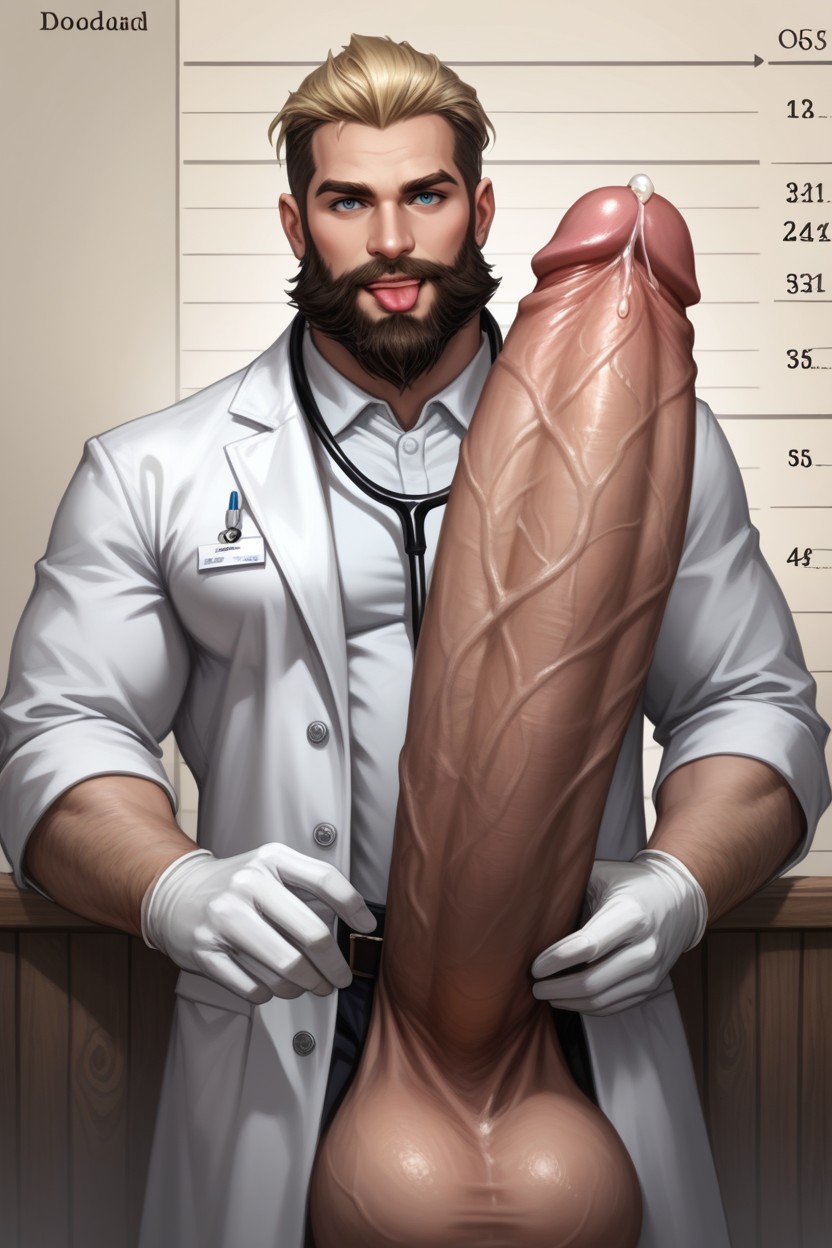 Holding Huge Hyper Cock, Hyper Huge Balls, Bearded Doctor With Masculine Face Porno IA Gay