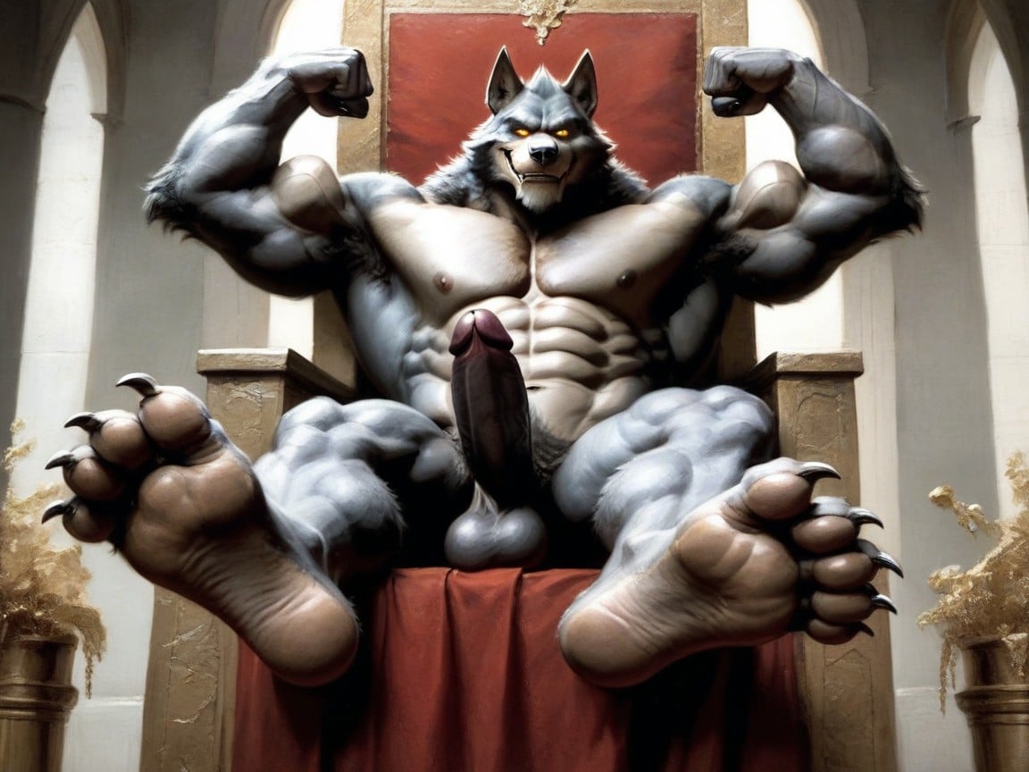 Glowing Eyes, His Beautiful Massive Penis Stands Erect And Glorious, Manly Anthropomorphic Werewolf AI Gay Porn