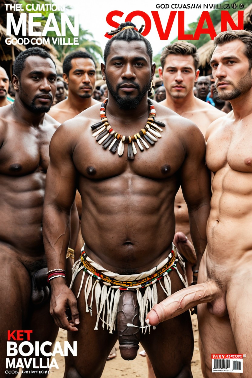 Crowded African Tribal Village, Only Men Are There, Well Designed Magazine Cover AI Gay Porn