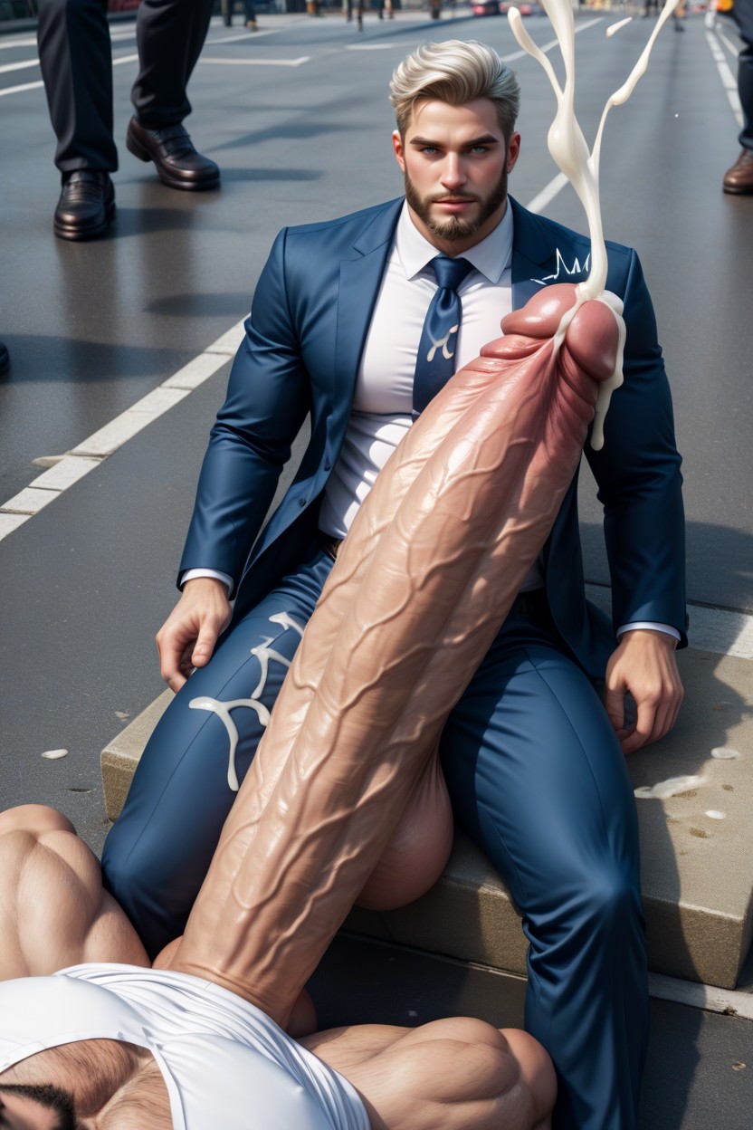 Gigantic Thick Swollen Throbbing Uncut Hyper Penis, Cum On Face, White Caucasian Man With Giant Penis On Man Down On AI Gay Porn