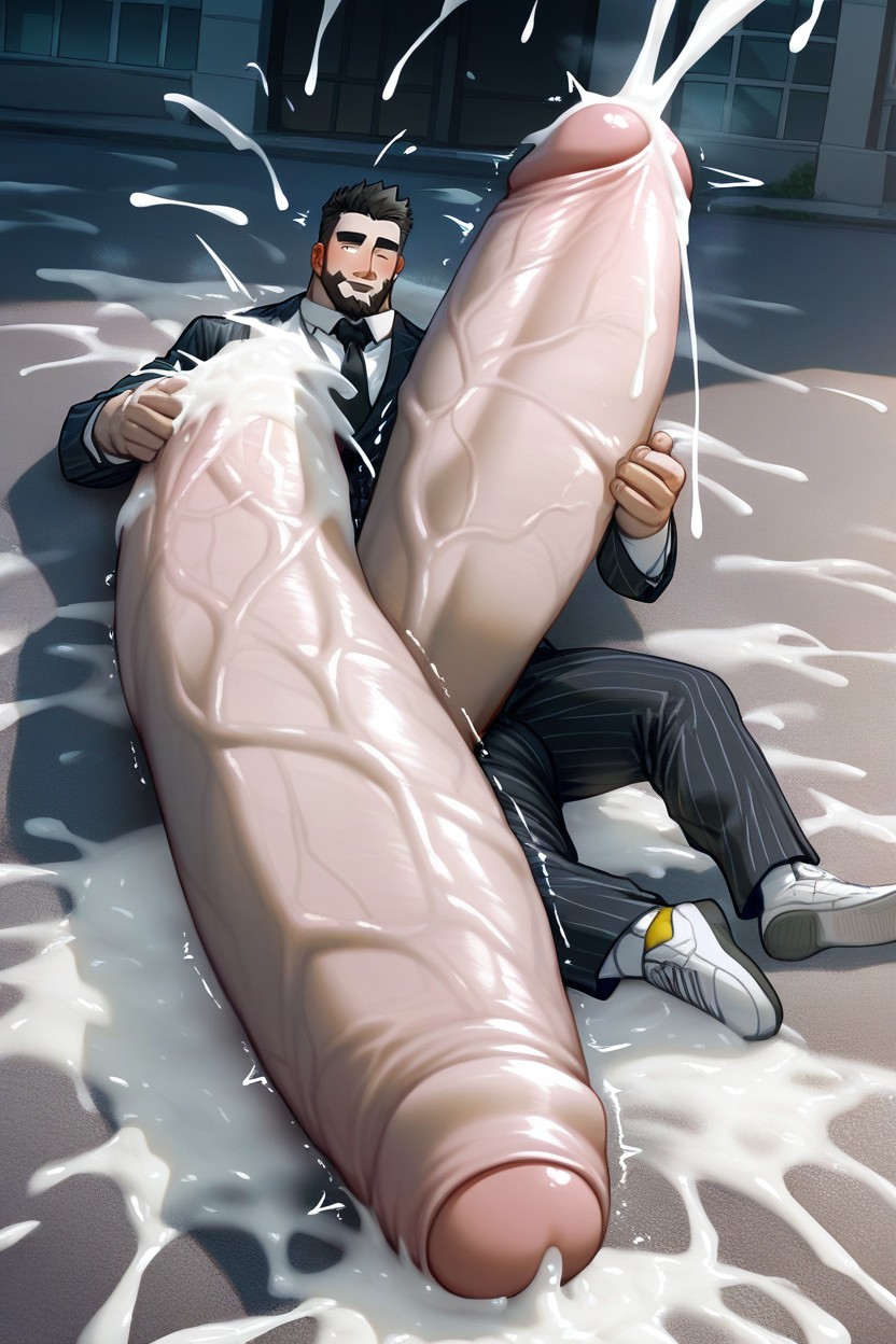 Tokyo City, Hyper Excessive Cum, Laying Down On His Own Erect Giant Hyper Penis AI Gay Porn