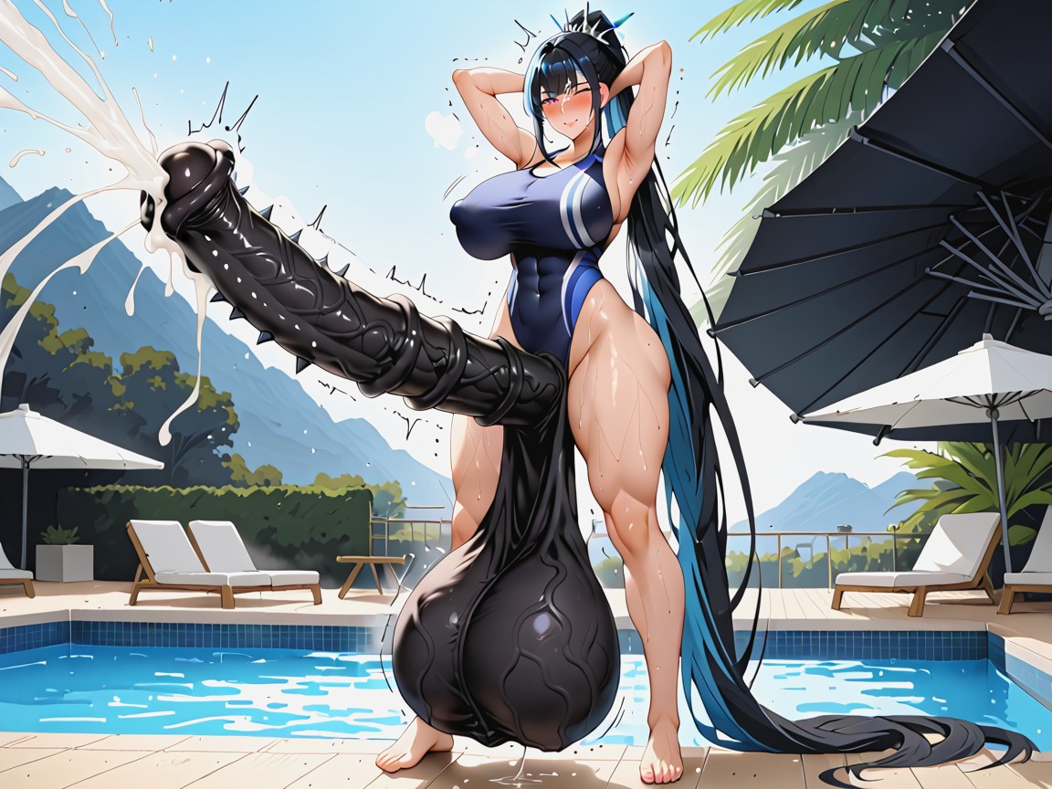 射精, Black Horsecock Glans, Black Hair With Light Blue Highlights アジアのAIポルノ