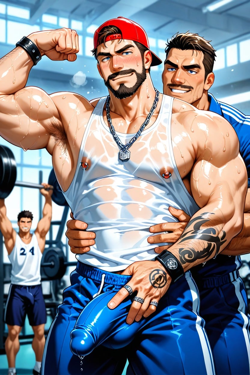 Flexing One Arm, Two Handsome Masculine Men, Sweating AI Gay Porn