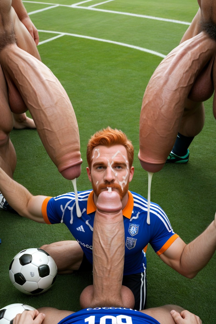 Multiple Giant Dicks, Oversized Erect Uncut Hyper Penis With Foreskin, Looking Bearded Ginger Soccer Player AI Gay Porn