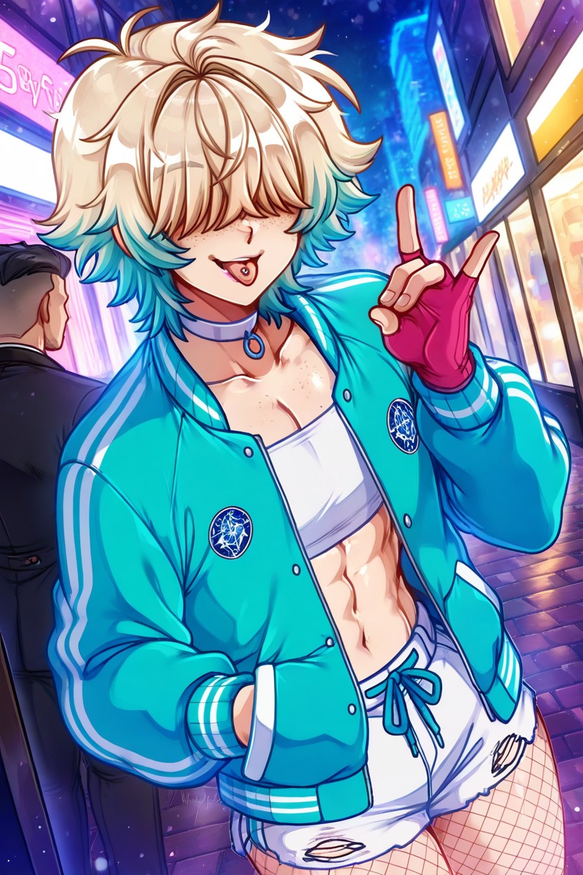 Teal Varsity Jacket, Freckles, Snowy Street AI Gay Porn