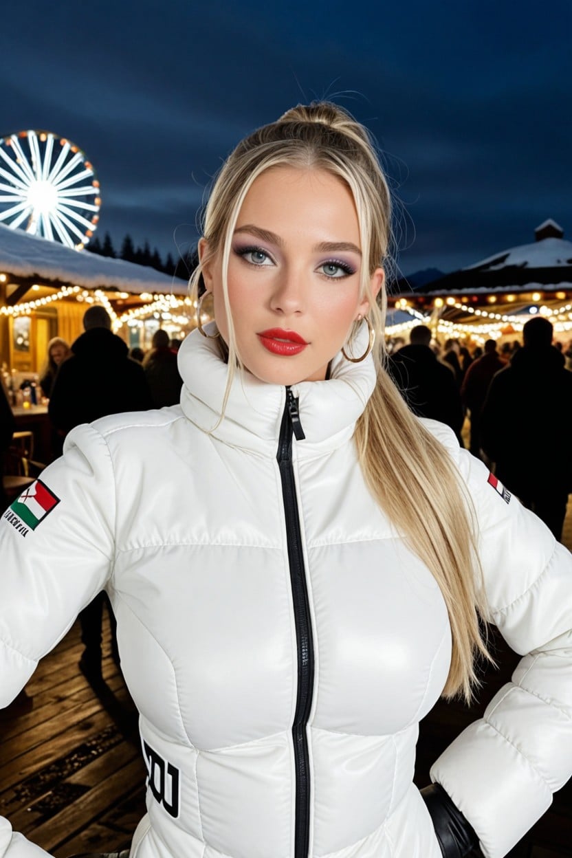 Silver Hoop Earrings, Night, She Is Wearing A Thickly Padded White Ski Suit AI Porn