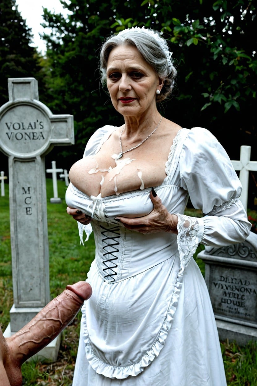 Wearing A Traditional Victorian Dress, 60+, Grey Skin Undead Zombie Victorian Housewife AI Porn