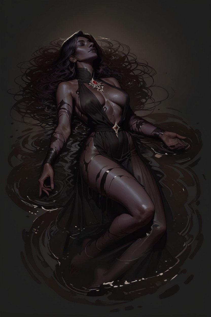 Sleeveless, Closed Eyes, Laying In Black Slime AI Porn