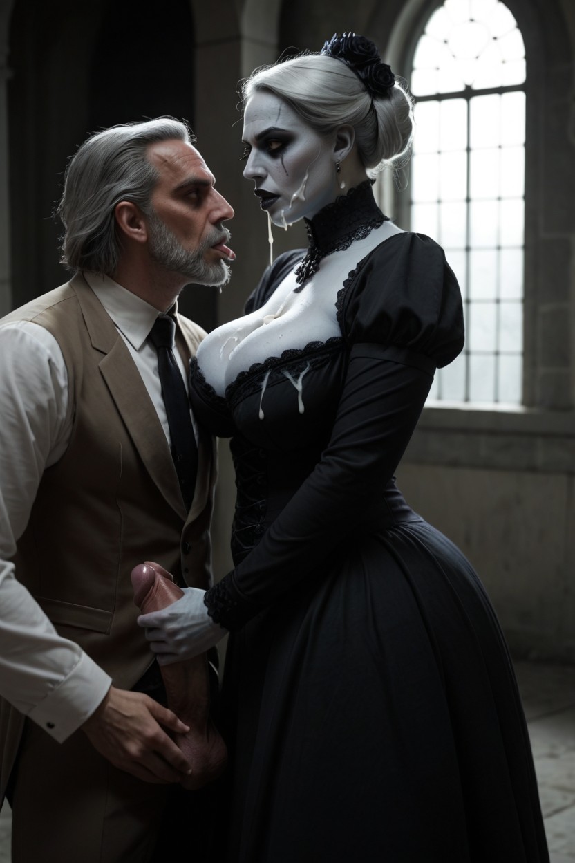 Eerie Dark Haunted Cemetary, Wearing A Traditional Victorian Dress, White Empty Zombie Sunken Eyes AI Porn