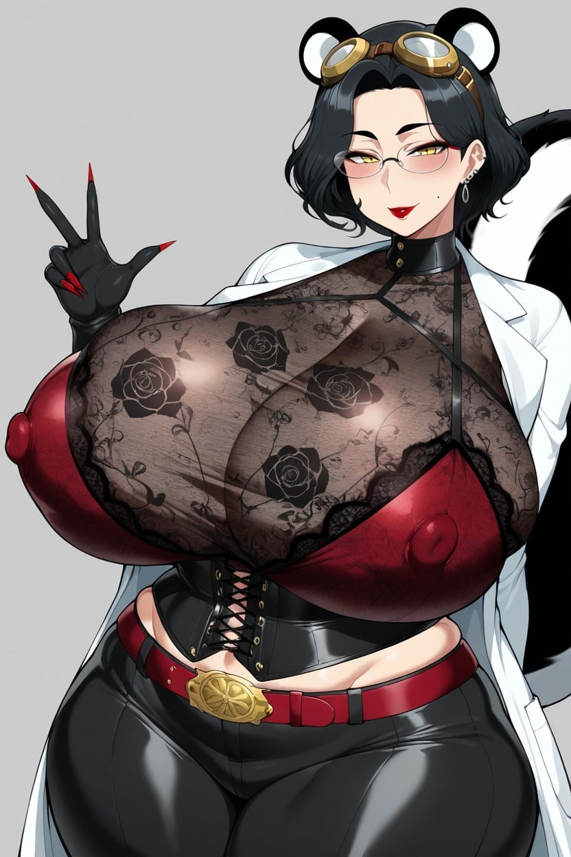 Glasses, Wide Belt, Dark Red Print On Top Hentai AI Porn