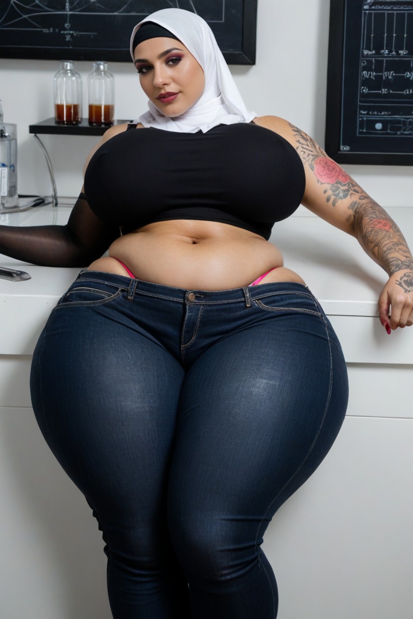 Bodysuit High, Tattoo, Focus On Hijab Woman In Jeans AI Porn