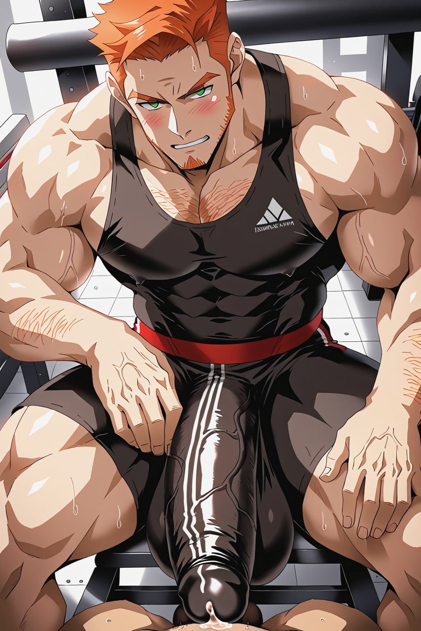 Extremely Embarassed, Large Erect Cock Bulge Clearly Visible Through His Pants, Precum Splatters Coming From Tip Of Hypercock AI Gay Porn