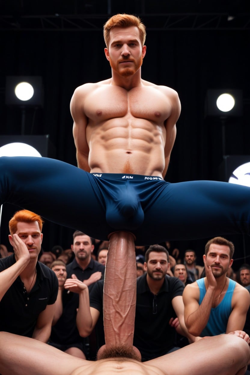 Good Anatomy, Handsome Bearded + Ginger Guy Is Singing Into A Microphone, Cock Exposed Through Openening Pants AI Gay Porn