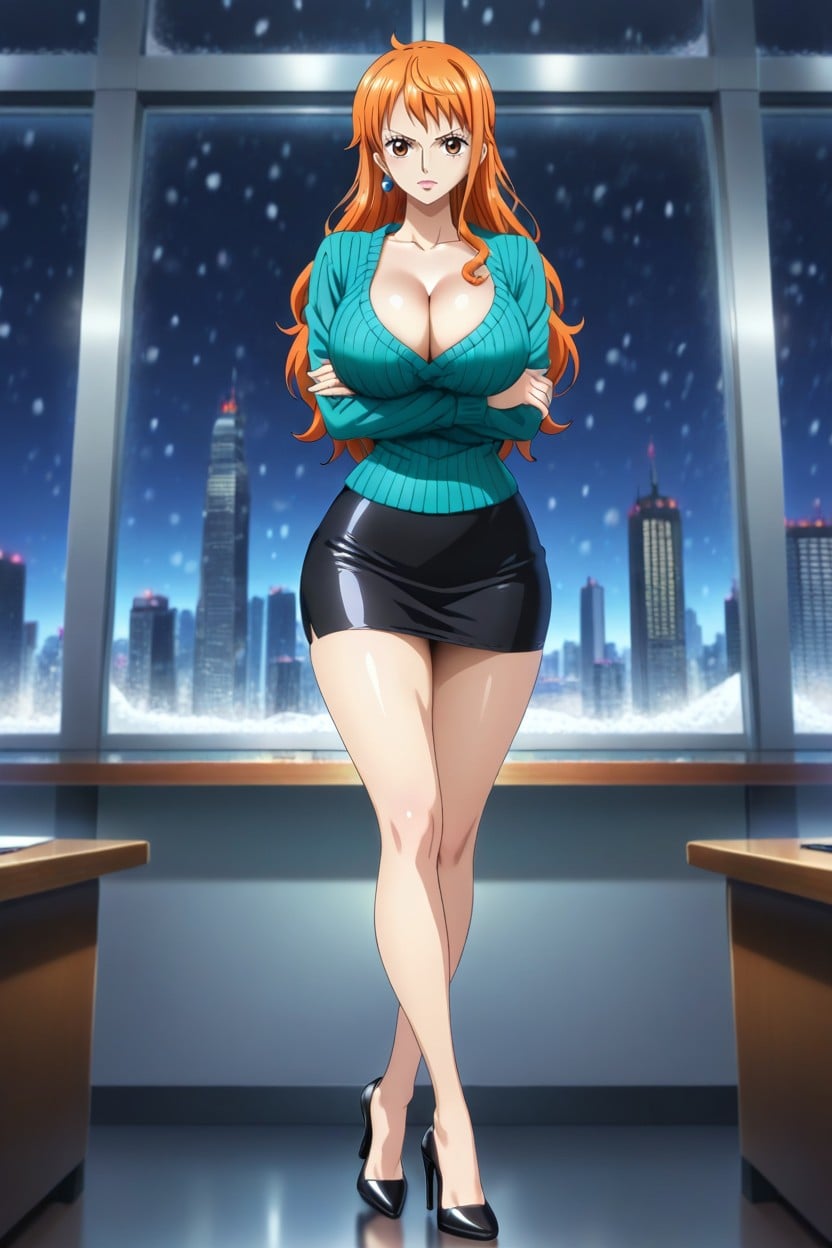 Nighttime, Office, Open Front Sweater Hentai AI Porn