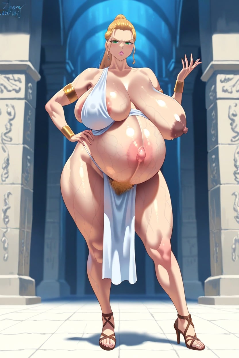 Hyper Lactation, Hyper Giant Pendulous Breasts, One Hand On Belly AI Porn
