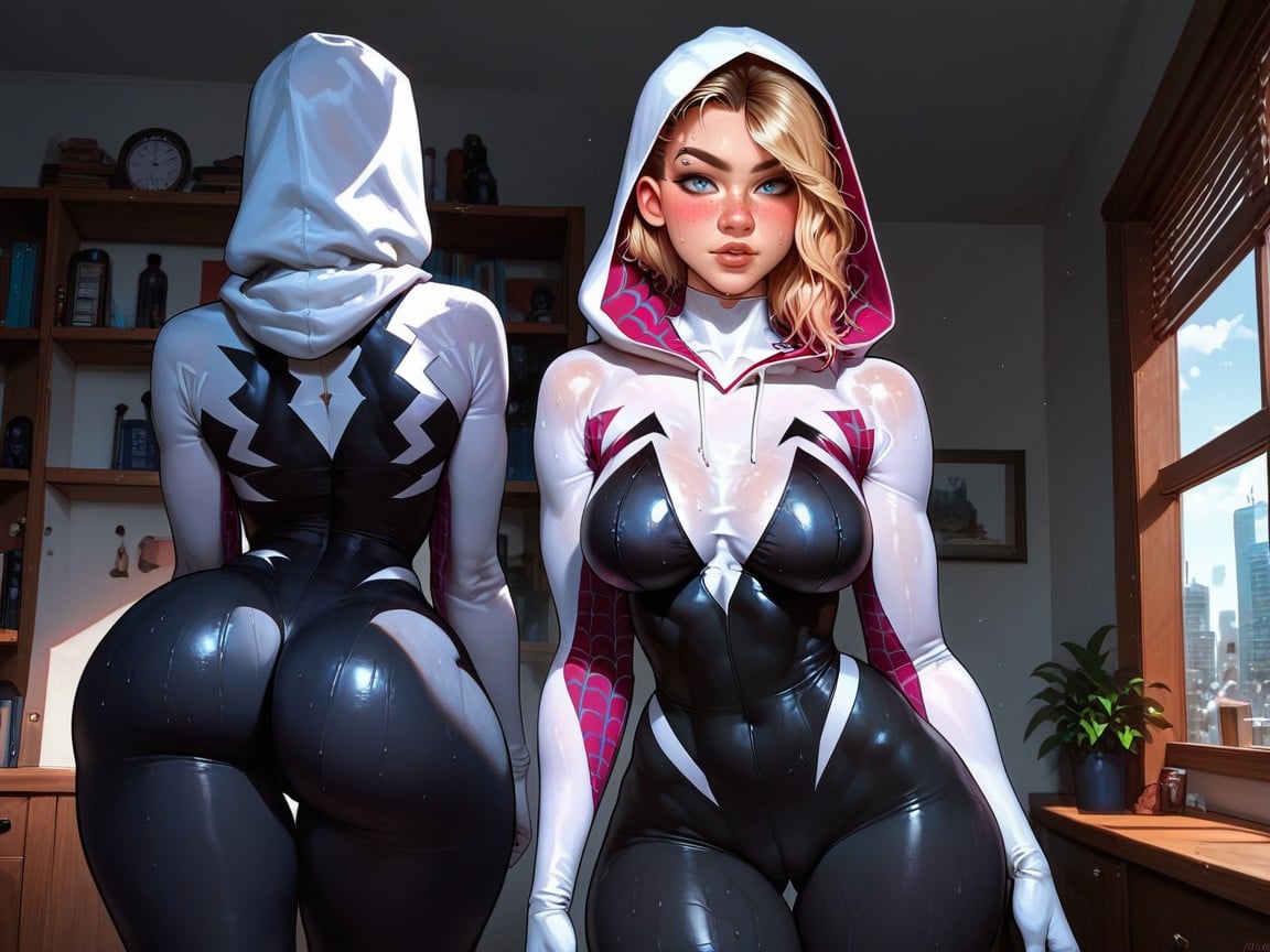 Skin Tight Spider Gwen Suit, Colossal Sagging Breasts, Fully Dressed Hentai AI Porn