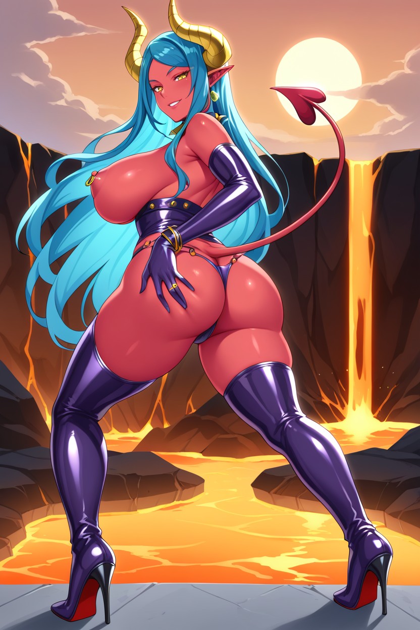 Red Skin, Hourglass, Purple Latex Thighhigh Boots High Heels With Red Soles Hentai AI Porn