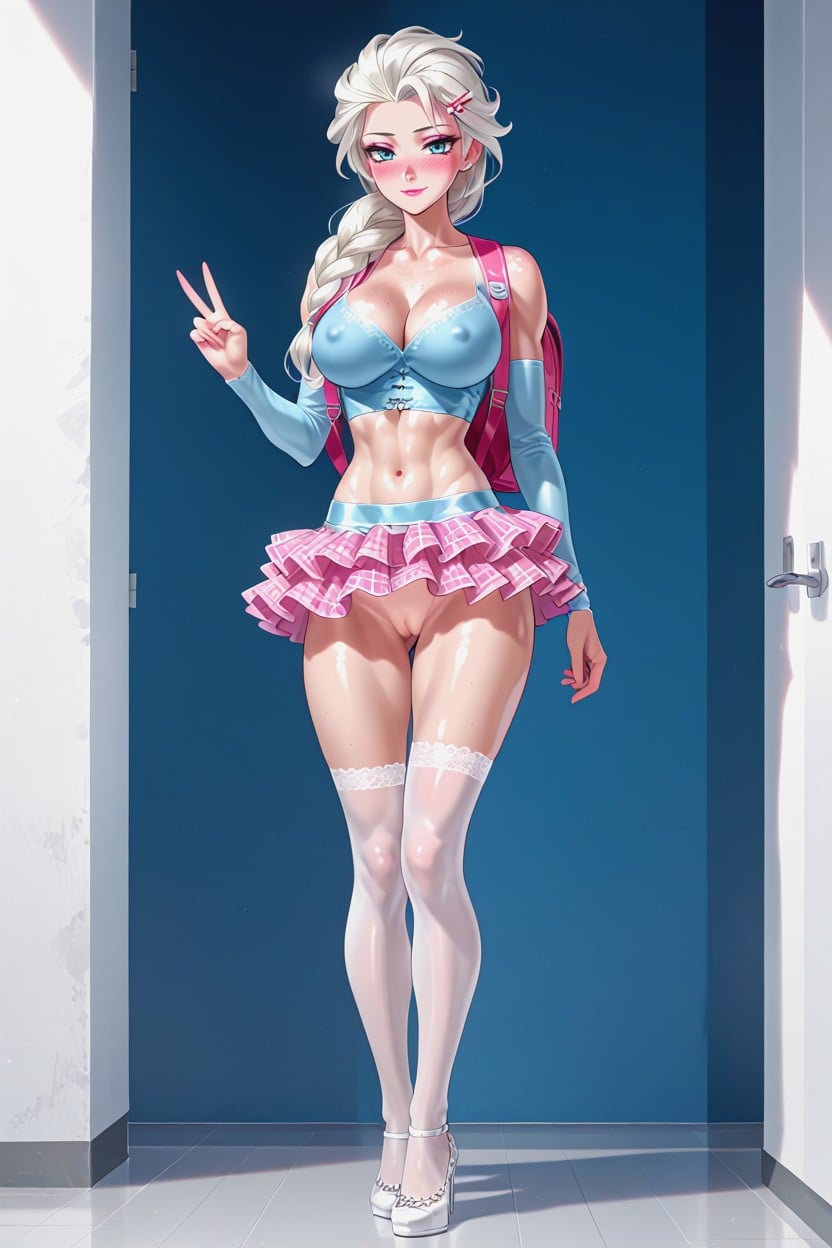 Frilly Light Blue Net Stockings, Full Body, Beautiful Face Hentai AI Porn