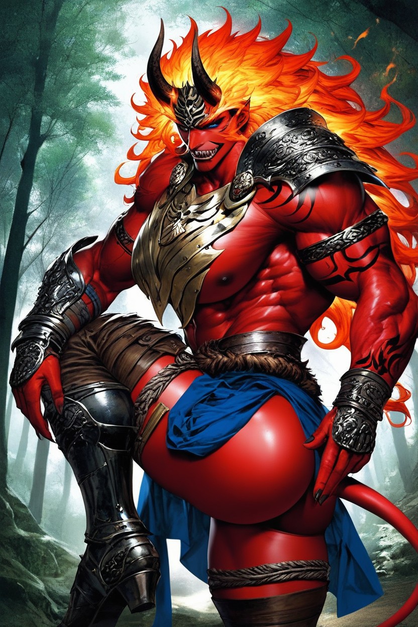 Demon Tribal Mask On Side Of Head, Ass Length Long Curly Hair Style, Tribal Face Tattoos Hentai AI Porn