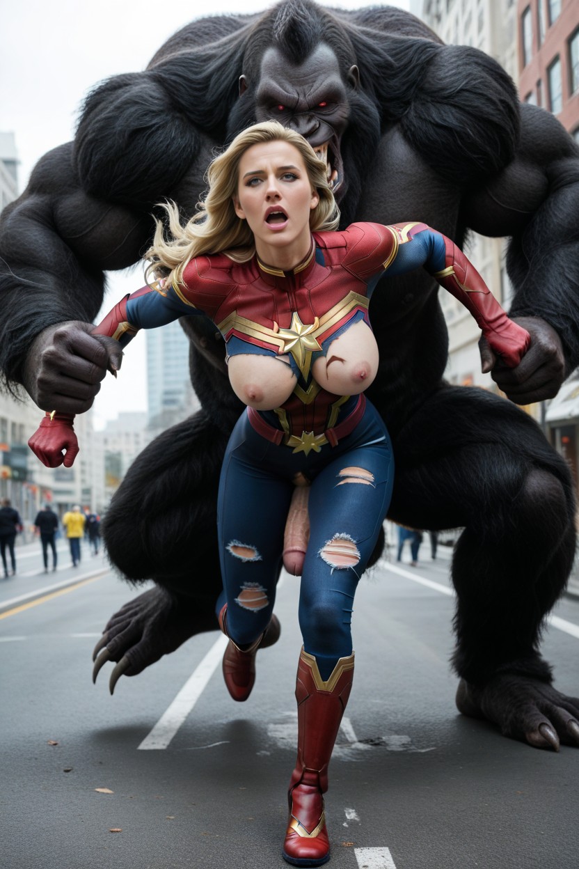 Perfect Anatomy, Captain Marvel Running Away From Beast, Beast Has A Large AI Porn