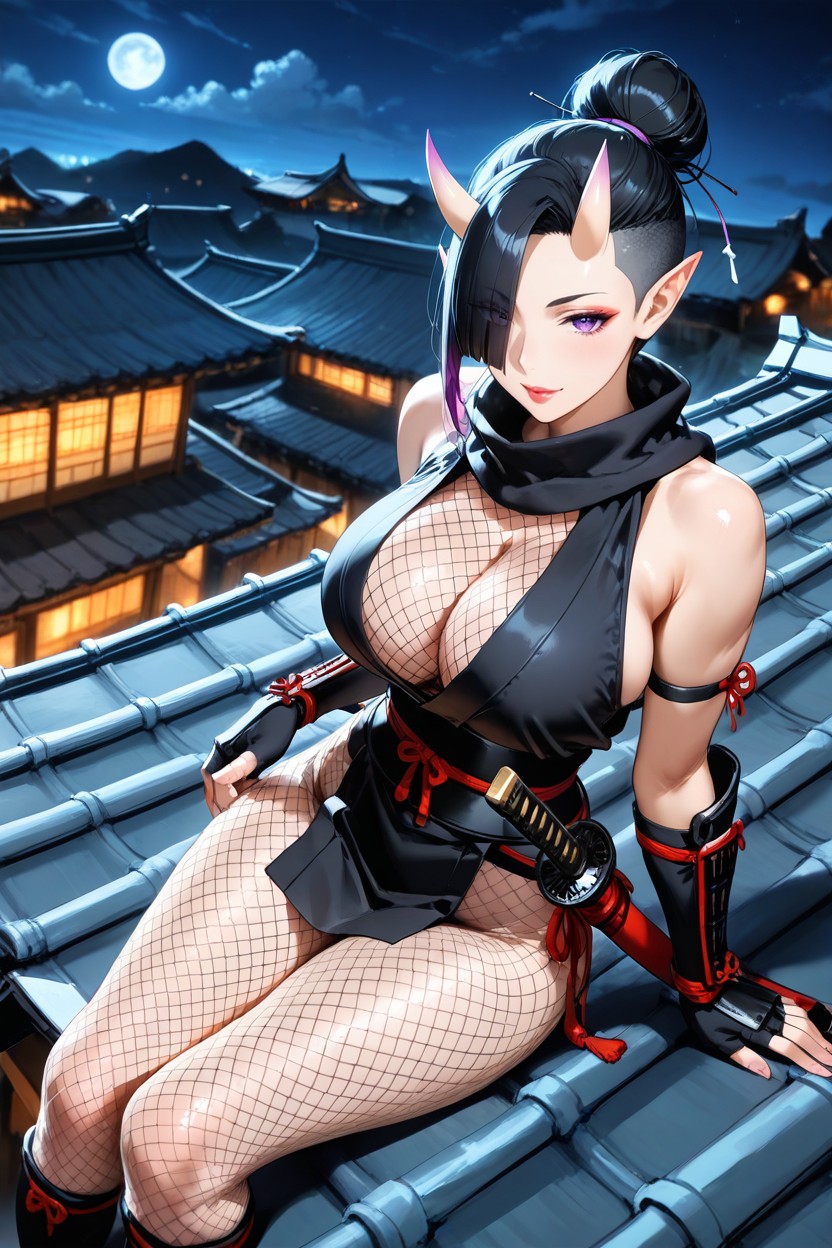 Fishnet Above Cleavage, Purple Eyes, Sitting Down Hentai AI Porn