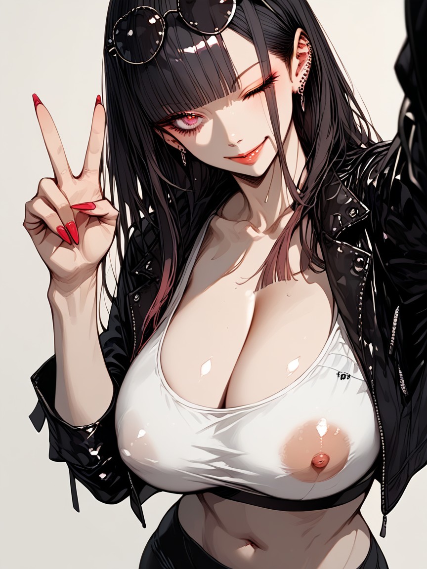 Open Clothes, So Wink, Front Fully Open Black Leather Cropped Jacket Hentai AI Porn